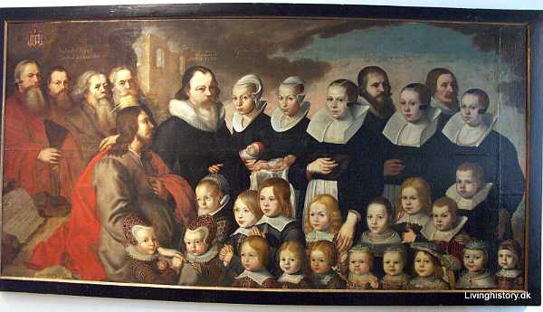 Worm Ole Worm f. 1588 d. 1654, med sine 3 hustruer, brn, svigerbrn og brnebrn. Malet 1647. 1640-49 #natmus