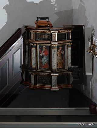 Prædikestol Prædikestol fra omkring 1590. Stafferet af Hans Lauridsen 1686. Roskilde stift